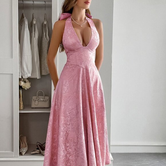 Halter Neck Midi Dress with Pockets | A-Line Sleeveless Formal Midi Dress - Picture 1 of 9